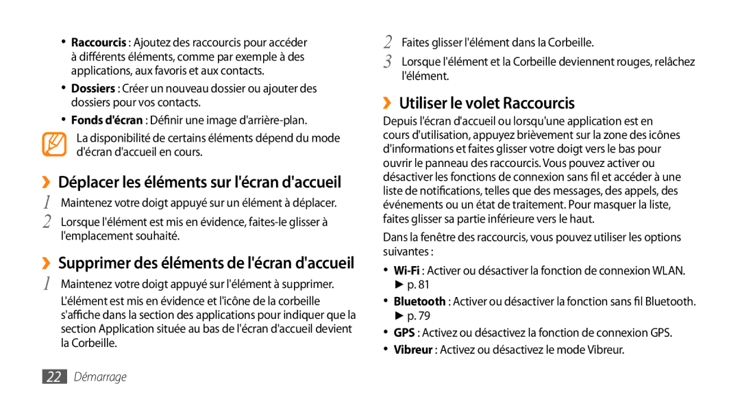 Samsung GT-I5800YRKBOG, GT-I5800DKAVGF manual ››Utiliser le volet Raccourcis, Lemplacement souhaité, Lélément, 22 Démarrage 