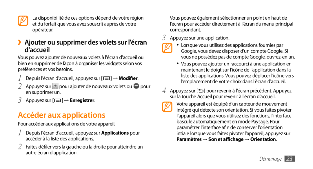 Samsung GT-I5800DKAXEF, GT-I5800DKAVGF Accéder aux applications, ››Ajouter ou supprimer des volets sur lécran daccueil 