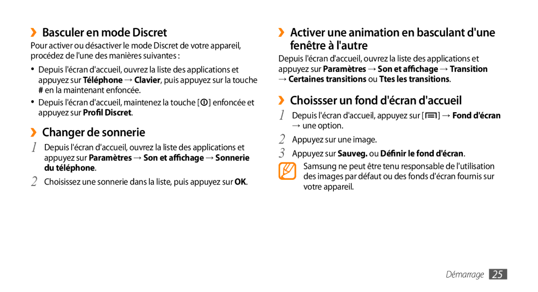 Samsung GT-I5800DKAVGF manual ››Basculer en mode Discret, ››Changer de sonnerie, ››Choissser un fond décran daccueil 