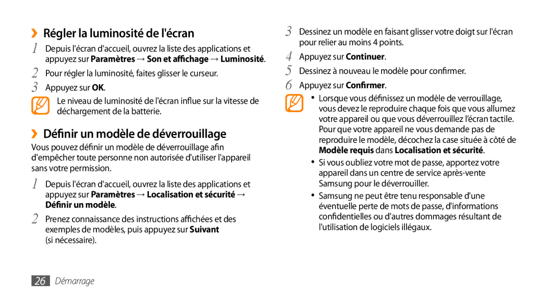 Samsung GT-I5800DKASFR, GT-I5800DKAVGF, GT-I5800YRKBOG manual ››Régler la luminosité de lécran, Déverrouillage, 26 Démarrage 