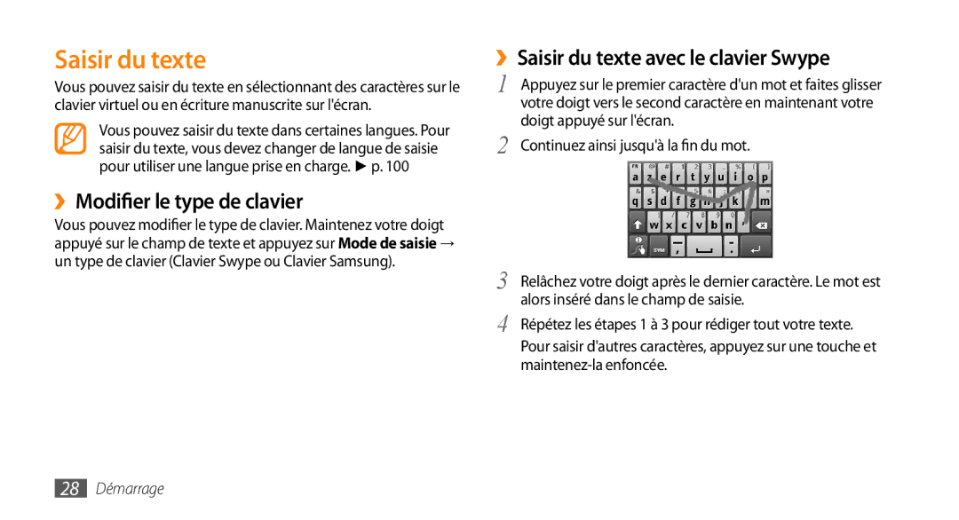 Samsung GT-I5800DKAXEF manual ››Modifier le type de clavier, ››Saisir du texte avec le clavier Swype, 28 Démarrage 