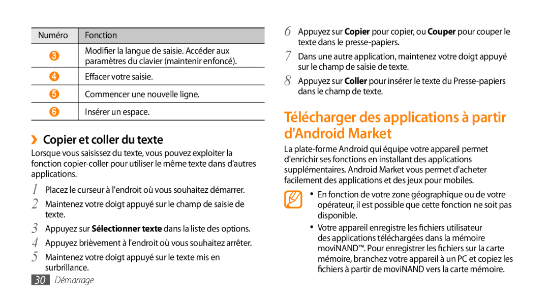 Samsung GT-I5800DKAVGF Télécharger des applications à partir dAndroid Market, ››Copier et coller du texte, Numéro Fonction 