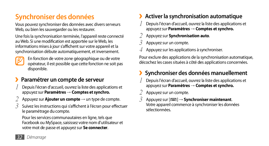 Samsung GT-I5800YRKBOG manual Synchroniser des données, ››Paramétrer un compte de serveur, Appuyez sur Synchronisation auto 