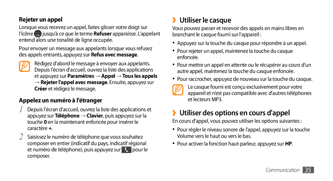 Samsung GT-I5800DKAVGF, GT-I5800DKASFR, GT-I5800YRKBOG manual ››Utiliser le casque, ››Utiliser des options en cours dappel 