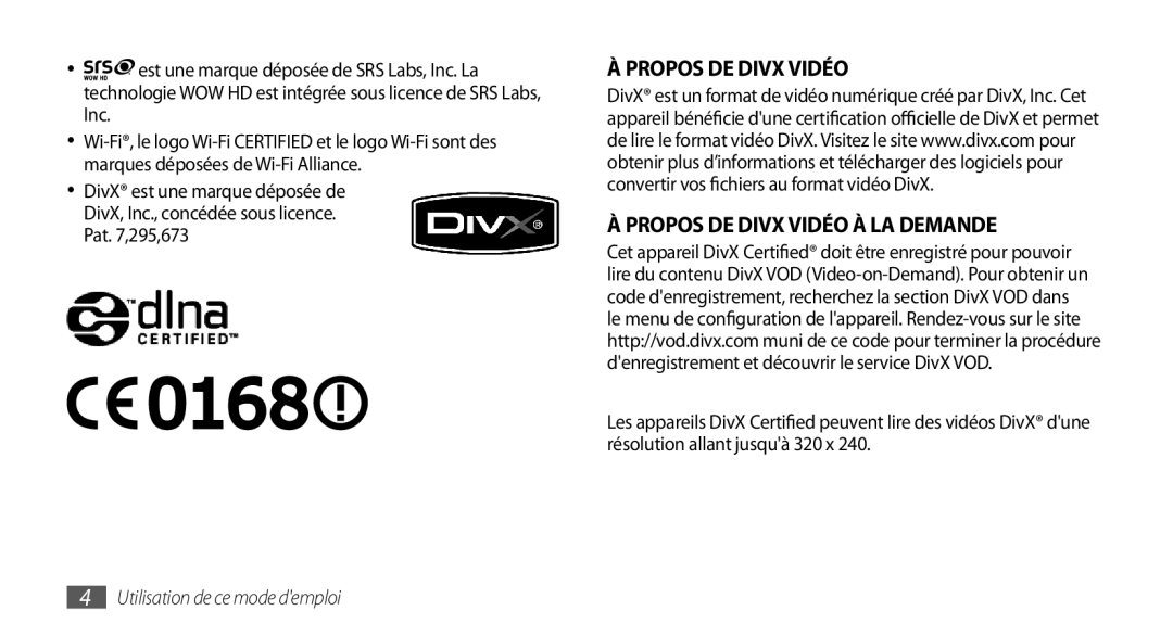 Samsung GT-I5800DKABOG, GT-I5800DKAVGF, GT-I5800DKASFR manual Propos DE Divx Vidéo Propos DE Divx Vidéo À LA Demande 