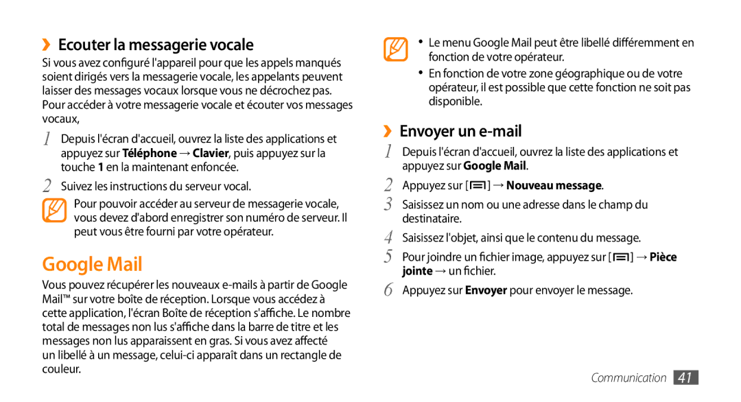 Samsung GT-I5800DKASFR, GT-I5800DKAVGF, GT-I5800YRKBOG Google Mail, ››Ecouter la messagerie vocale, ››Envoyer un e-mail 