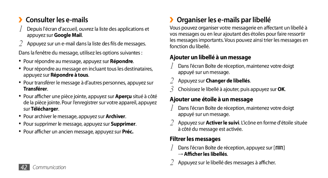 Samsung GT-I5800YRKBOG manual ››Consulter les e-mails, ››Organiser les e-mails par libellé, Appuyez sur Changer de libellés 