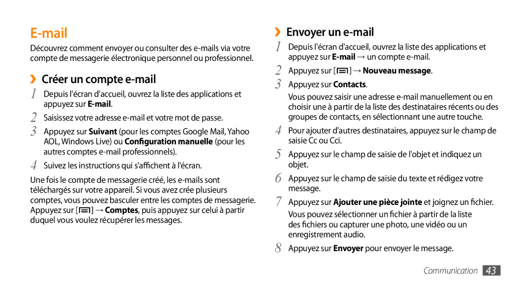 Samsung GT-I5800DKAXEF, GT-I5800DKAVGF Mail, ››Créer un compte e-mail, Suivez les instructions qui saffichent à lécran 