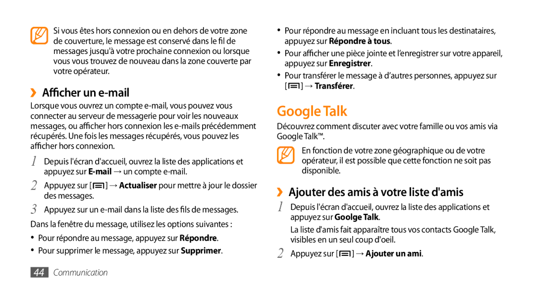 Samsung GT-I5800DKABOG, GT-I5800DKAVGF manual Google Talk, ››Afficher un e-mail, ››Ajouter des amis à votre liste damis 