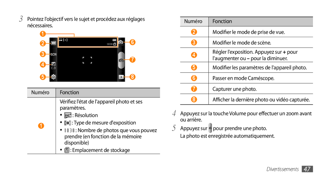 Samsung GT-I5800YRKBOG, GT-I5800DKAVGF manual Laugmenter ou pour la diminuer, Ou arrière, Appuyez sur pour prendre une photo 