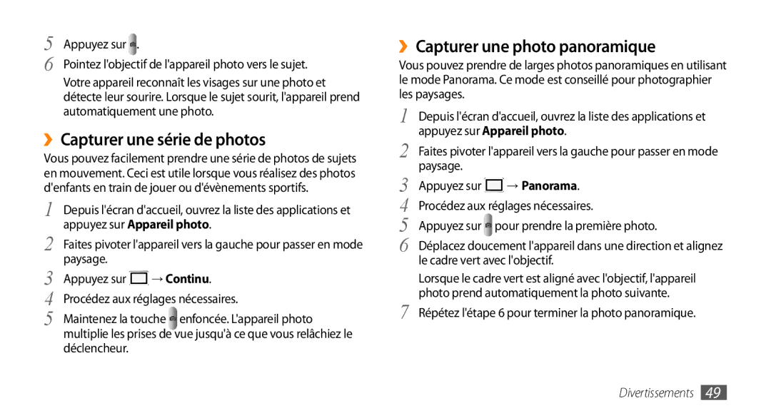 Samsung GT-I5800DKABOG, GT-I5800DKAVGF manual ››Capturer une série de photos, ››Capturer une photo panoramique, → Continu 