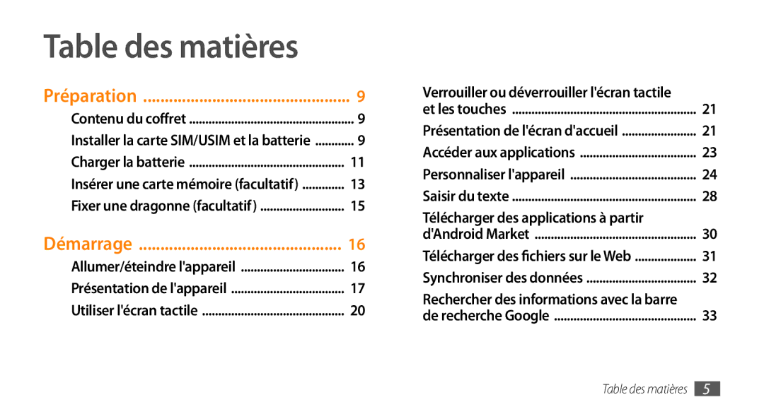 Samsung GT-I5800DKAVGF, GT-I5800DKASFR, GT-I5800YRKBOG manual Verrouiller ou déverrouiller lécran tactile, Table des matières 