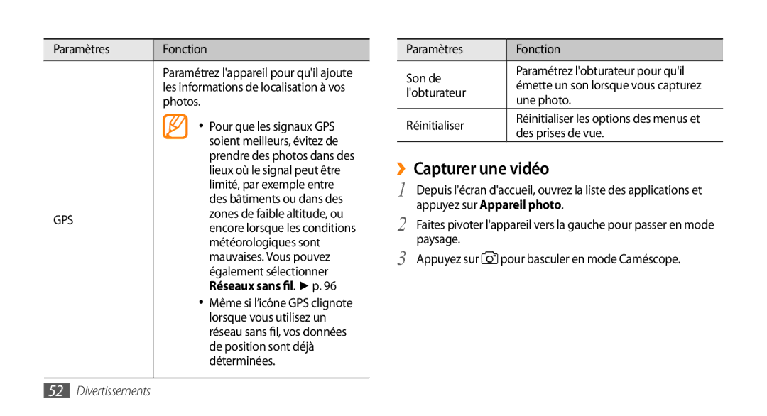 Samsung GT-I5800YRKBOG, GT-I5800DKAVGF, GT-I5800DKASFR, GT-I5800DKAXEF manual ››Capturer une vidéo, Réseaux sans fil. p 