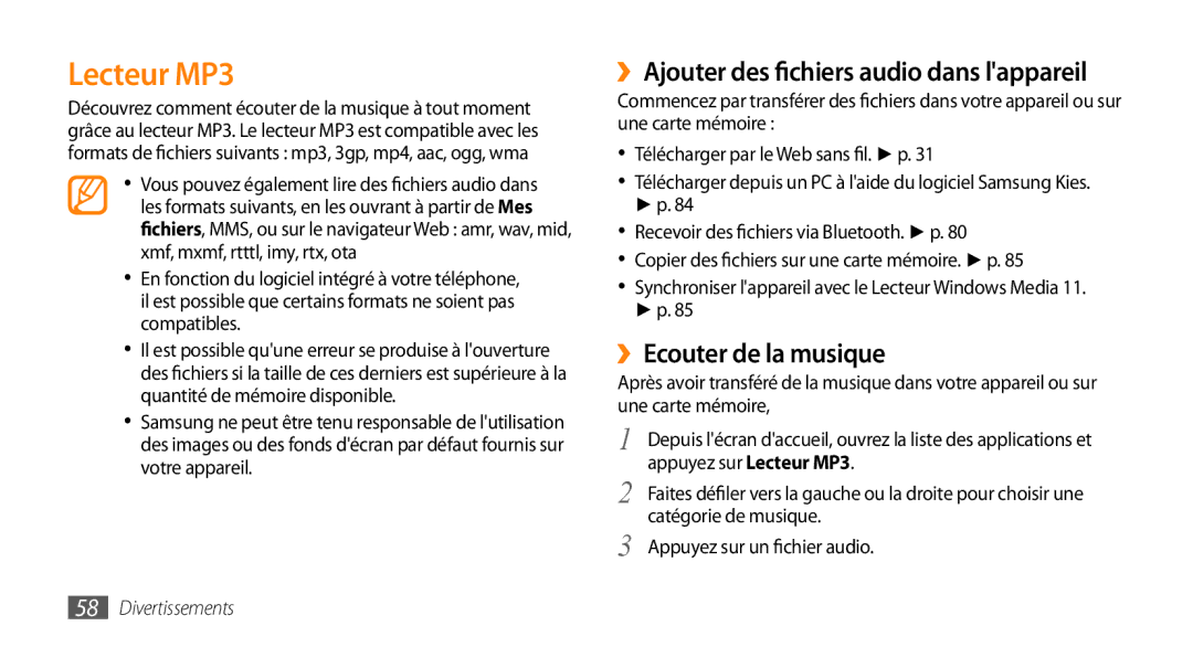 Samsung GT-I5800DKAXEF, GT-I5800DKAVGF Lecteur MP3, ››Ajouter des fichiers audio dans lappareil, ››Ecouter de la musique 