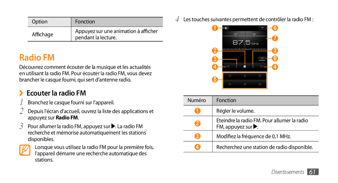 Samsung GT-I5800DKASFR, GT-I5800DKAVGF, GT-I5800YRKBOG, GT-I5800DKAXEF, GT-I5800DKABOG manual Radio FM, ››Ecouter la radio FM 