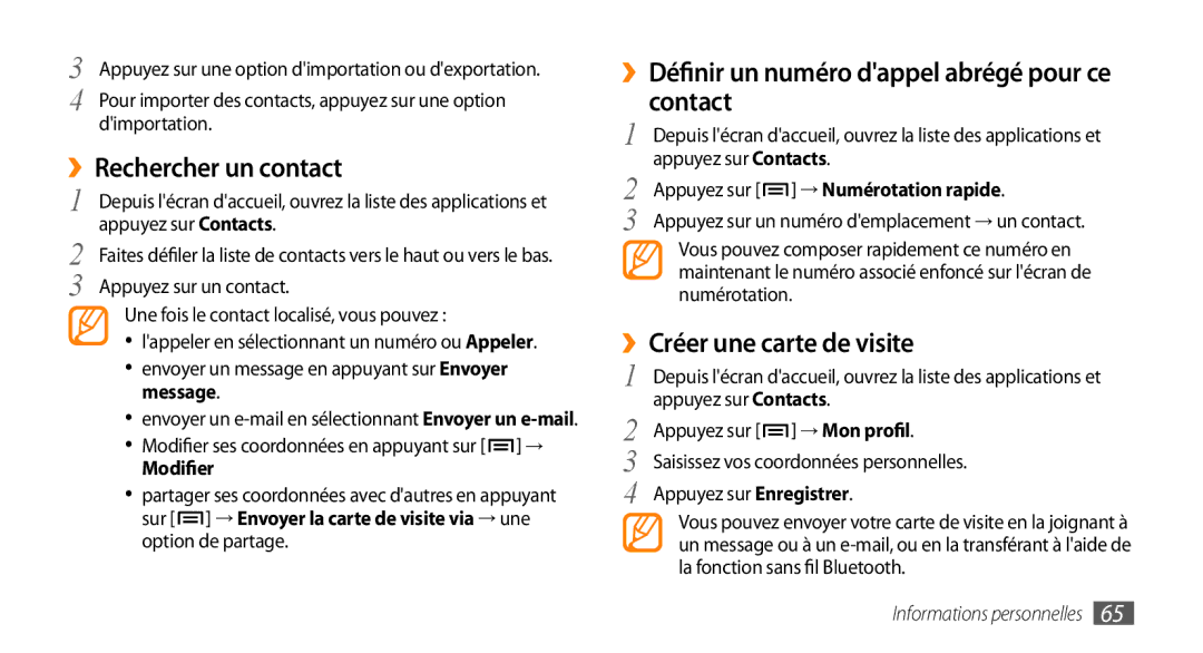 Samsung GT-I5800DKAVGF manual ››Définir un numéro dappel abrégé pour ce contact, ››Créer une carte de visite, → Mon profil 