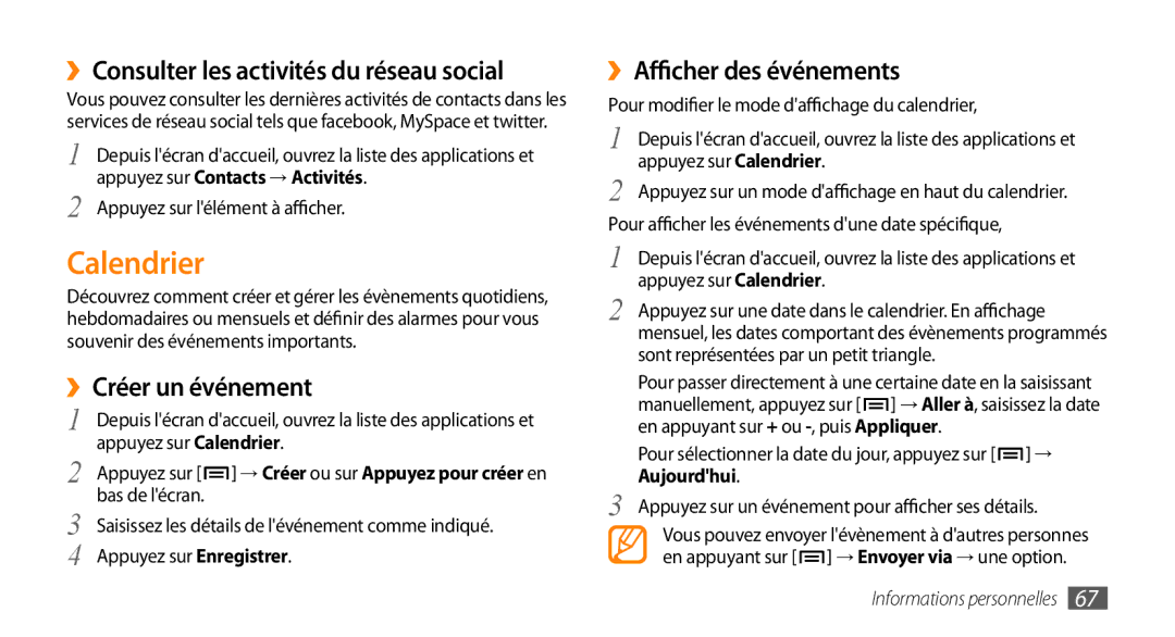 Samsung GT-I5800YRKBOG manual Calendrier, ››Consulter les activités du réseau social, ››Créer un événement, Bas de lécran 