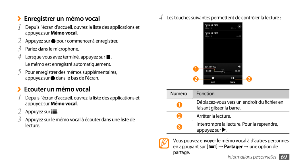 Samsung GT-I5800DKABOG, GT-I5800DKAVGF manual ››Enregistrer un mémo vocal, ››Ecouter un mémo vocal, Appuyez sur Mémo vocal 