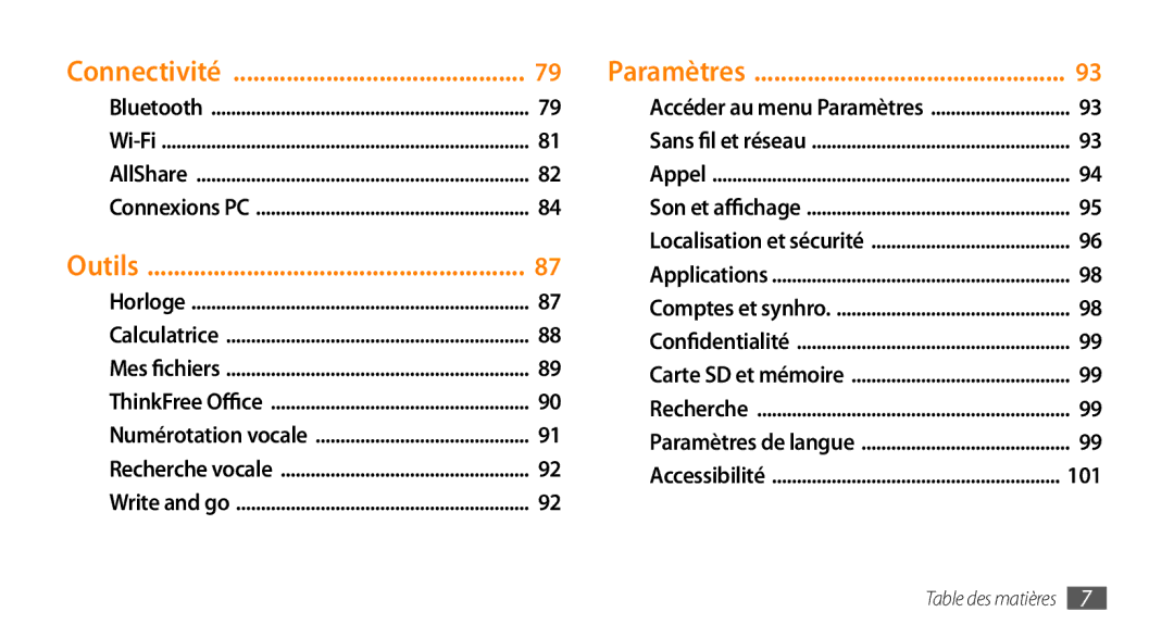 Samsung GT-I5800YRKBOG, GT-I5800DKAVGF, GT-I5800DKASFR, GT-I5800DKAXEF, GT-I5800DKABOG manual Outils, 101 