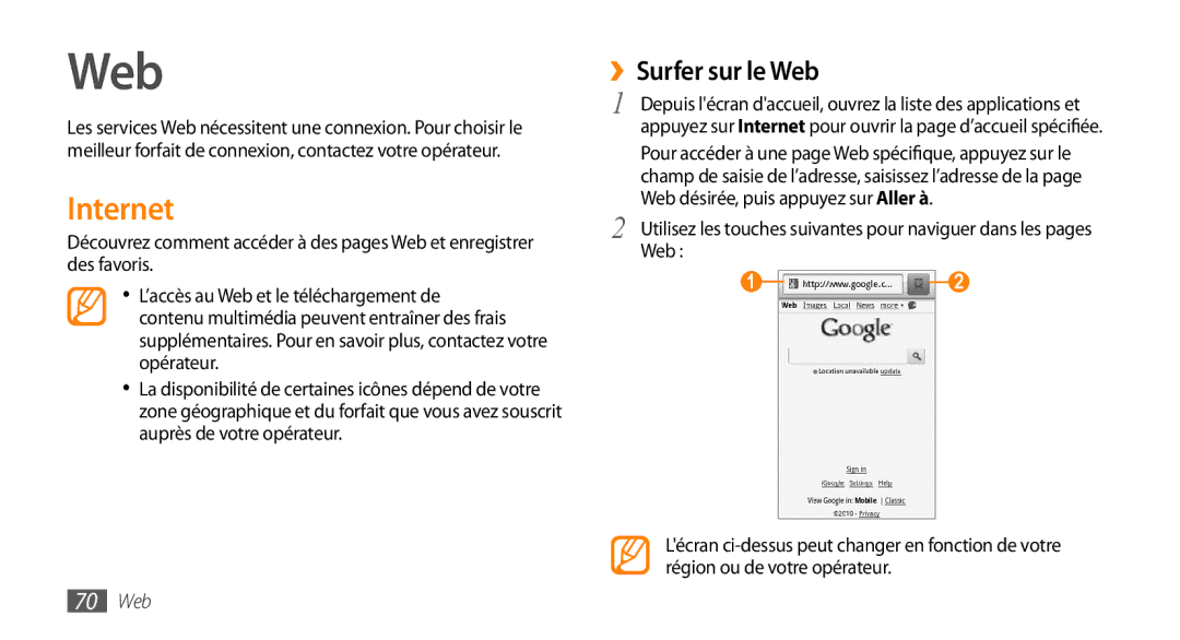 Samsung GT-I5800DKAVGF, GT-I5800DKASFR, GT-I5800YRKBOG, GT-I5800DKAXEF manual Internet, ››Surfer sur le Web, 70 Web 