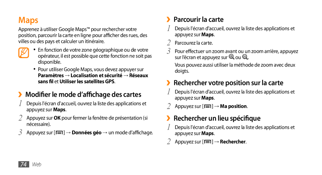 Samsung GT-I5800DKABOG, GT-I5800DKAVGF manual Maps, ››Modifier le mode d’affichage des cartes, ››Parcourir la carte 