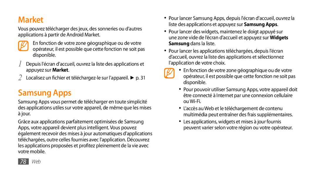 Samsung GT-I5800DKAXEF, GT-I5800DKAVGF, GT-I5800DKASFR, GT-I5800YRKBOG, GT-I5800DKABOG manual Market, Samsung Apps, 78 Web 