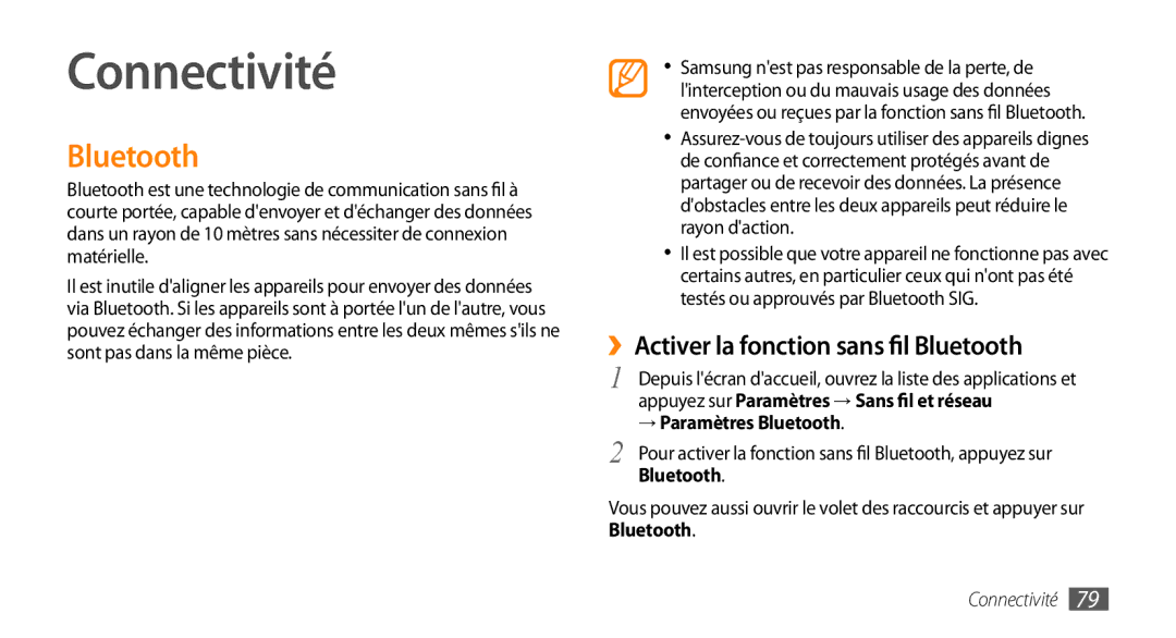 Samsung GT-I5800DKABOG, GT-I5800DKAVGF Connectivité, ››Activer la fonction sans fil Bluetooth, → Paramètres Bluetooth 