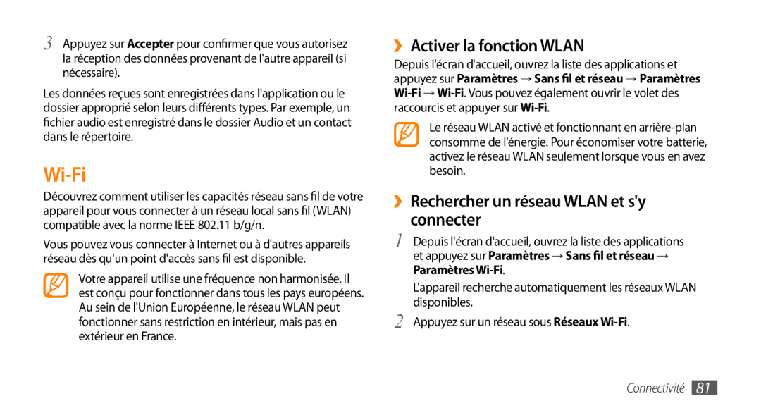 Samsung GT-I5800DKASFR, GT-I5800DKAVGF manual Wi-Fi, ››Activer la fonction Wlan, ››Rechercher un réseau Wlan et sy connecter 