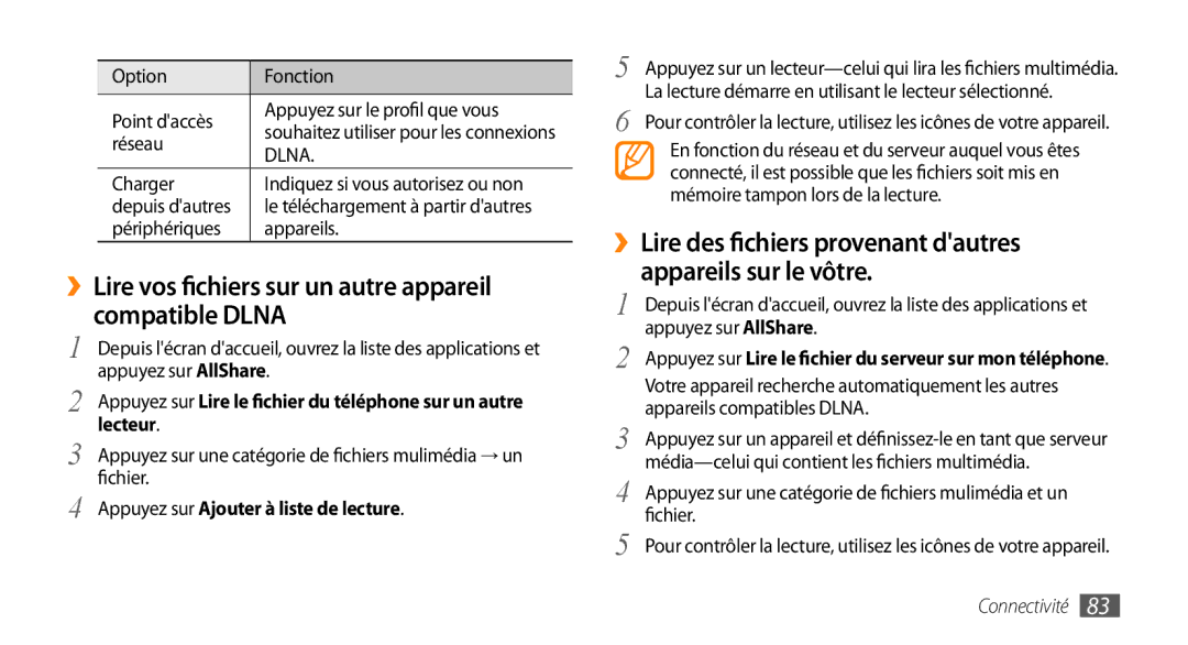 Samsung GT-I5800DKAXEF, GT-I5800DKAVGF, GT-I5800DKASFR ››Lire vos fichiers sur un autre appareil compatible Dlna, Lecteur 