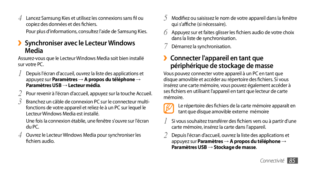 Samsung GT-I5800DKAVGF, GT-I5800DKASFR, GT-I5800YRKBOG, GT-I5800DKAXEF manual ››Synchroniser avec le Lecteur Windows Media 