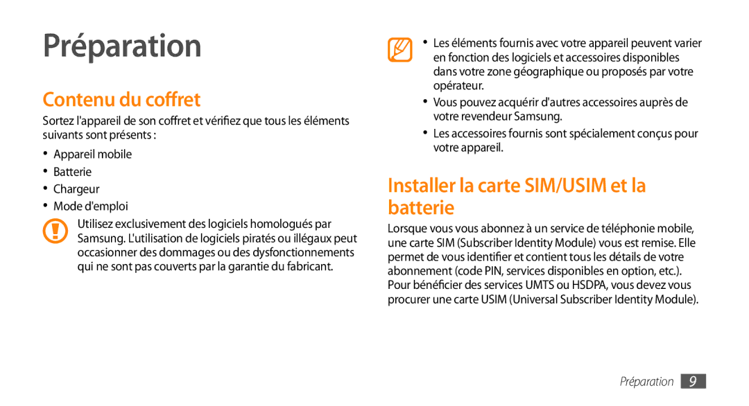 Samsung GT-I5800DKABOG, GT-I5800DKAVGF manual Préparation, Contenu du coffret, Installer la carte SIM/USIM et la batterie 