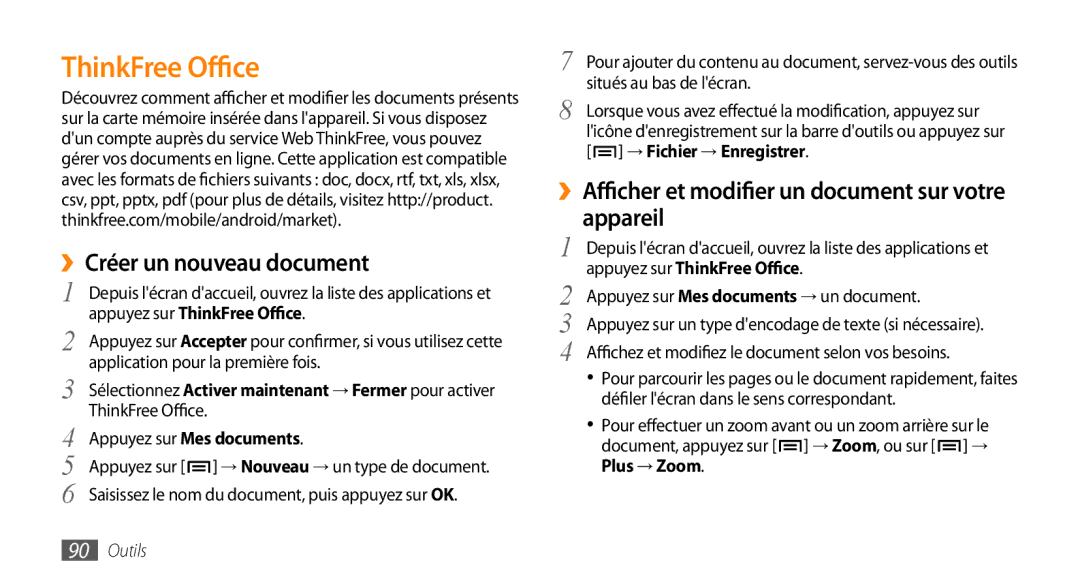 Samsung GT-I5800DKAVGF, GT-I5800DKASFR manual ››Créer un nouveau document, Appuyez sur ThinkFree Office, Plus → Zoom 