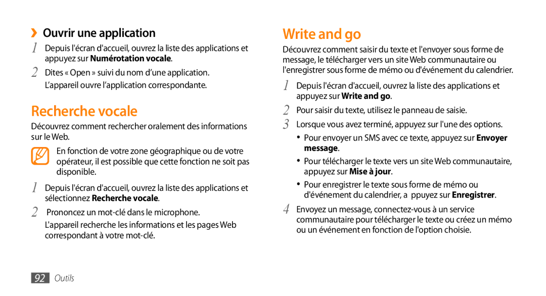 Samsung GT-I5800YRKBOG, GT-I5800DKAVGF, GT-I5800DKASFR Recherche vocale, Write and go, ››Ouvrir une application, Message 