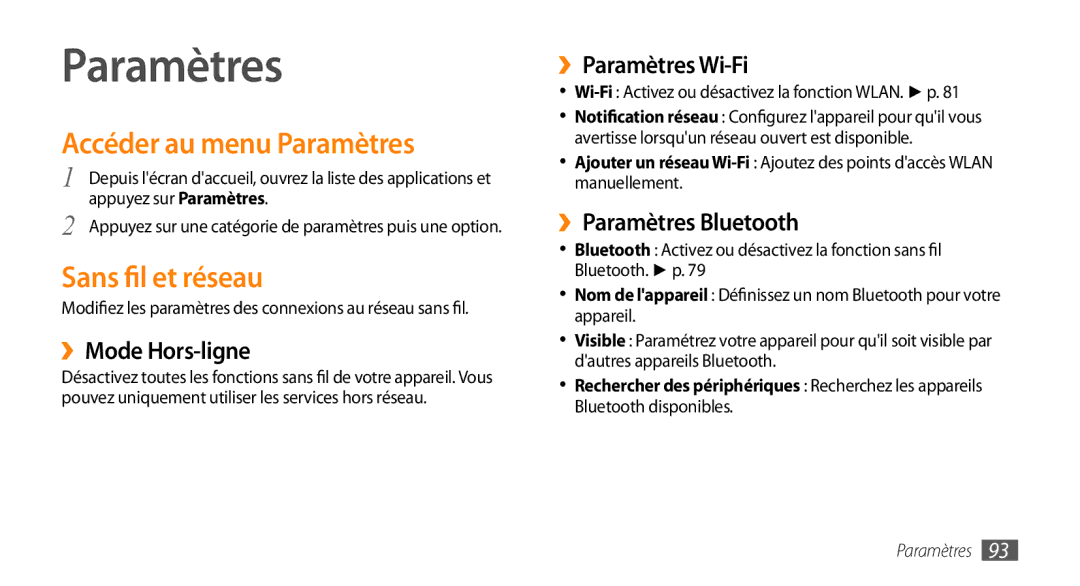 Samsung GT-I5800DKAXEF, GT-I5800DKAVGF, GT-I5800DKASFR, GT-I5800YRKBOG Accéder au menu Paramètres, Sans fil et réseau 