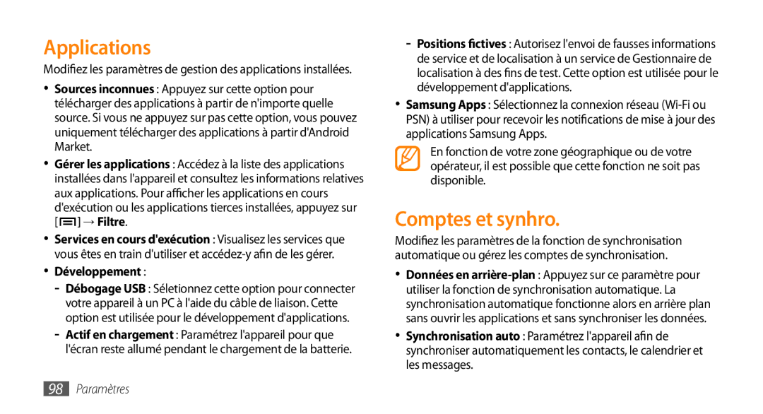 Samsung GT-I5800DKAXEF, GT-I5800DKAVGF, GT-I5800DKASFR, GT-I5800YRKBOG manual Applications, Comptes et synhro, Développement 