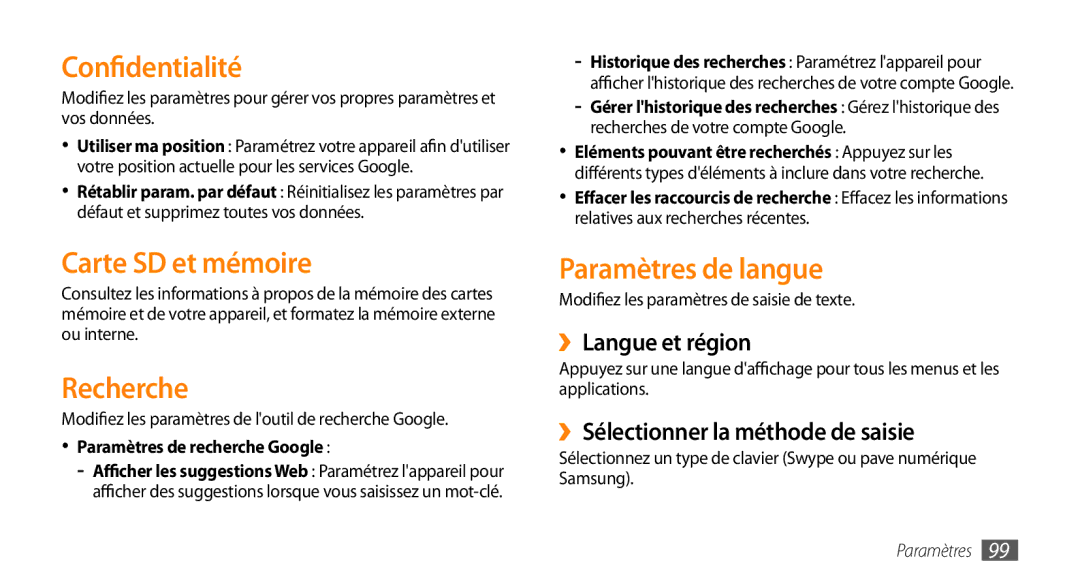 Samsung GT-I5800DKABOG, GT-I5800DKAVGF manual Confidentialité, Carte SD et mémoire, Recherche, Paramètres de langue 