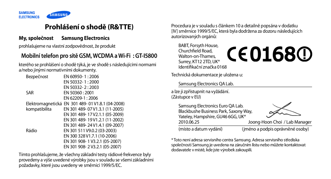 Samsung GT-I5800DKAIRD, GT-I5800DKAXEZ manual Prohlášení o shodě R&TTE, My, společnost Samsung Electronics 