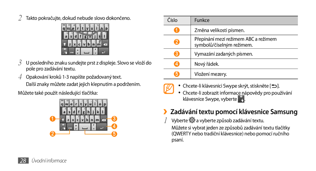 Samsung GT-I5800DKAXEZ, GT-I5800DKAIRD manual Číslo Funkce Změna velikosti písmen, Vyberte, 28 Úvodní informace 