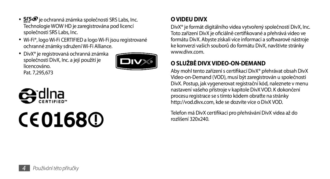 Samsung GT-I5800DKAXEZ, GT-I5800DKAIRD manual Videu Divx Službě Divx VIDEO-ON-DEMAND 