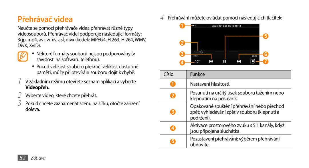 Samsung GT-I5800DKAXEZ, GT-I5800DKAIRD manual Přehrávač videa, Videopřeh, 52 Zábava 