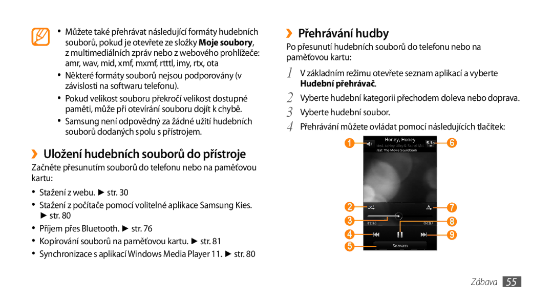 Samsung GT-I5800DKAIRD, GT-I5800DKAXEZ manual ››Uložení hudebních souborů do přístroje, ››Přehrávání hudby 