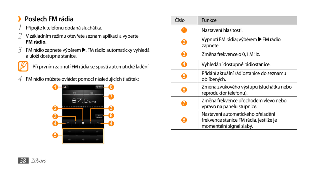 Samsung GT-I5800DKAXEZ, GT-I5800DKAIRD manual ››Poslech FM rádia, FM rádio, 58 Zábava 