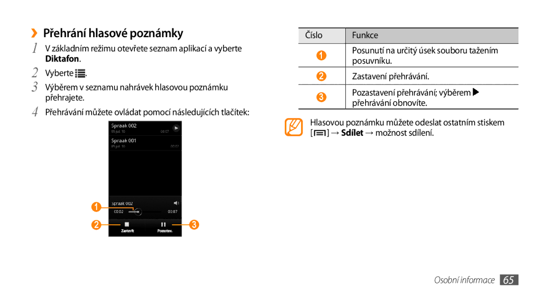 Samsung GT-I5800DKAIRD, GT-I5800DKAXEZ manual ››Přehrání hlasové poznámky, Diktafon 