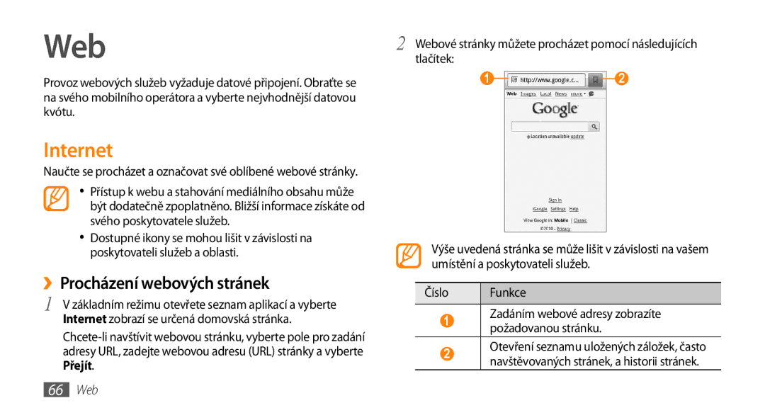 Samsung GT-I5800DKAXEZ, GT-I5800DKAIRD manual Internet, ››Procházení webových stránek, Přejít, 66 Web 