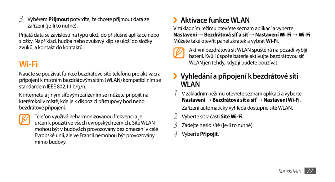 Samsung GT-I5800DKAIRD, GT-I5800DKAXEZ manual Wi-Fi, ››Aktivace funkce Wlan, ››Vyhledání a připojení k bezdrátové síti 