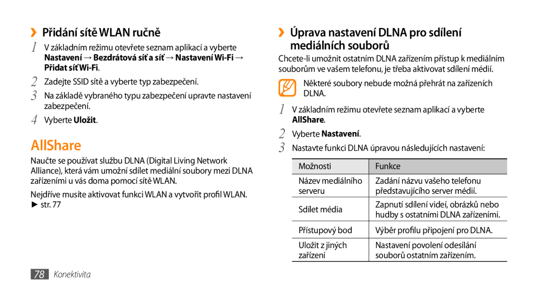 Samsung GT-I5800DKAXEZ manual AllShare, ››Přidání sítě Wlan ručně, ››Úprava nastavení Dlna pro sdílení mediálních souborů 