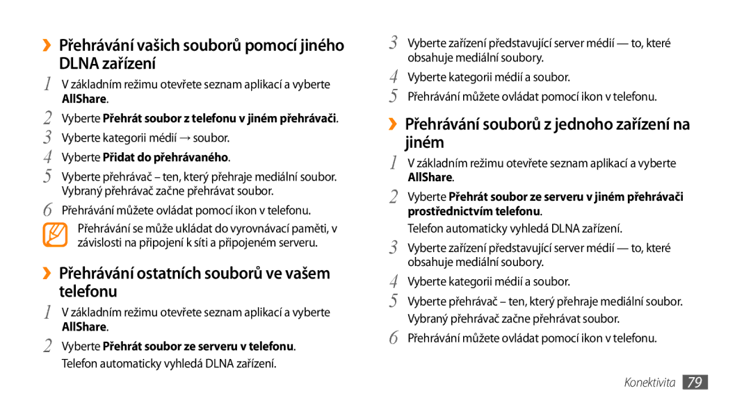 Samsung GT-I5800DKAIRD, GT-I5800DKAXEZ manual Dlna zařízení, ››Přehrávání ostatních souborů ve vašem telefonu, AllShare 