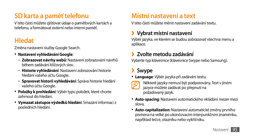 Samsung GT-I5800DKAIRD, GT-I5800DKAXEZ manual SD karta a paměť telefonu, Hledat, Místní nastavení a text 