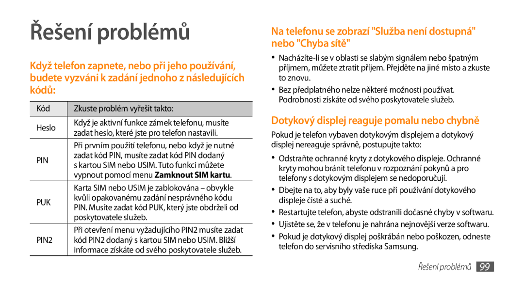 Samsung GT-I5800DKAIRD, GT-I5800DKAXEZ manual Řešení problémů, Na telefonu se zobrazí Služba není dostupná nebo Chyba sítě 