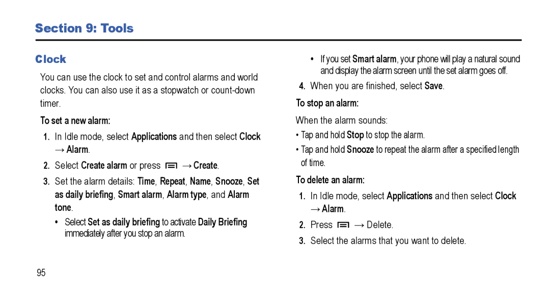 Samsung GT-I5800L Series user manual Tools, Clock 